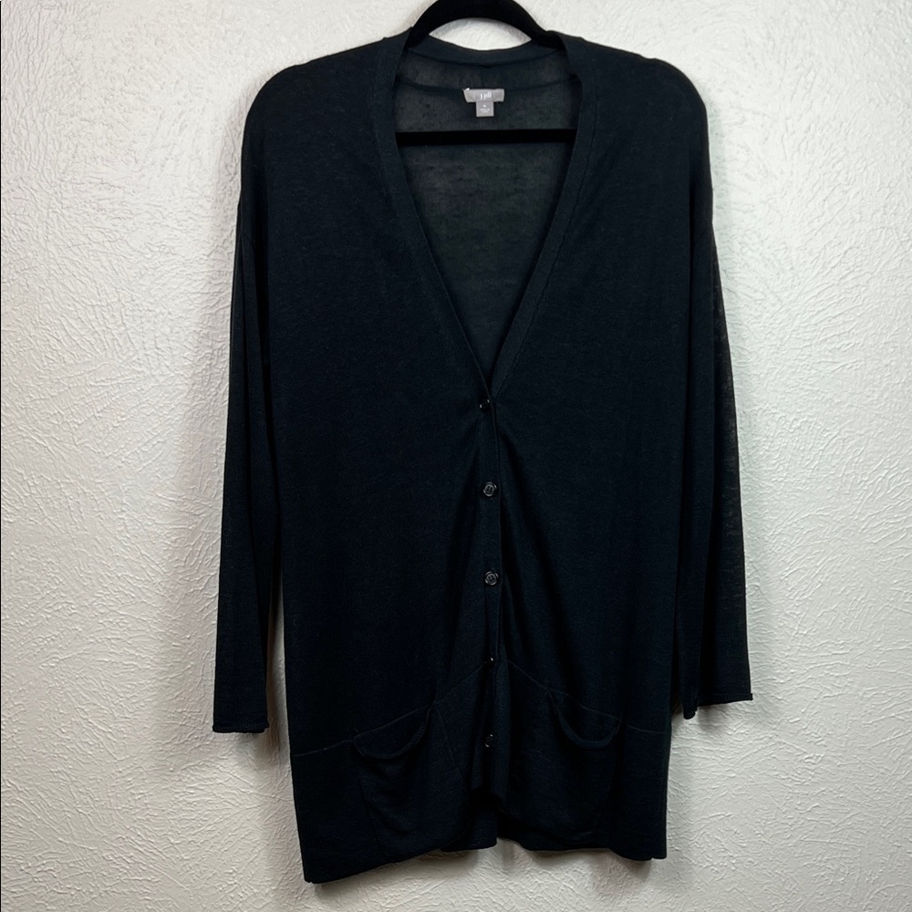 J. Jill Linen Blend Black Long Sleeve V-Neck Button Front Cardigan Medium